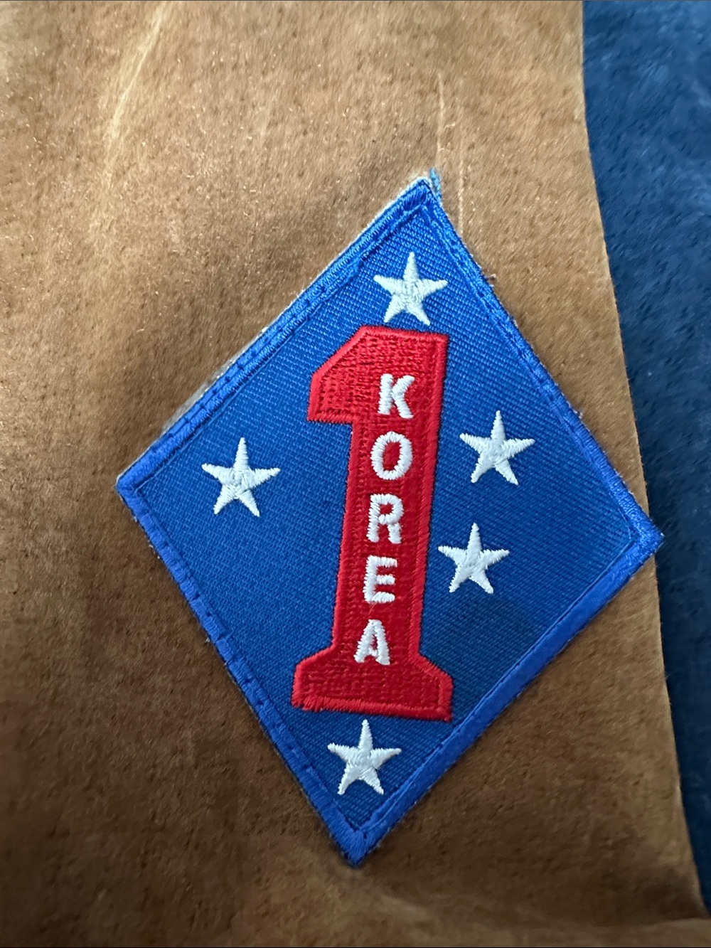Avalanche men’s vintage varsity style, blue/ brown suede jacket. Marine patches - Picture 12 of 13
